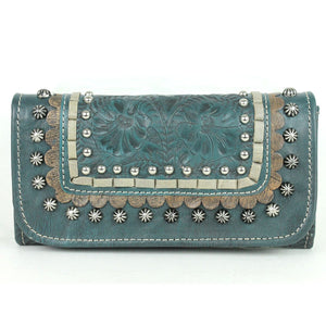 American West Handbag, Blue Ridge Collection, Tri-Fold Wallet Dark Turquoise Front 