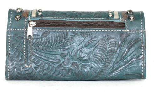 American West Handbag, Blue Ridge Collection, Tri-Fold Wallet Dark Turquoise Back View