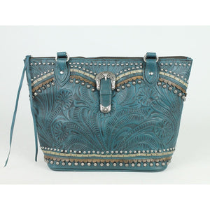 American West Handbag, Blue Ridge Collection, Zip Top Tote Bag Turquoise Front View
