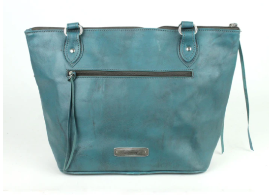 American West Handbag, Blue Ridge Collection, Zip Top Tote Bag Turquoise Back View