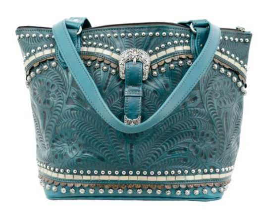 American West Handbag, Blue Ridge Collection, Zip Top Tote Bag Turquoise Front View