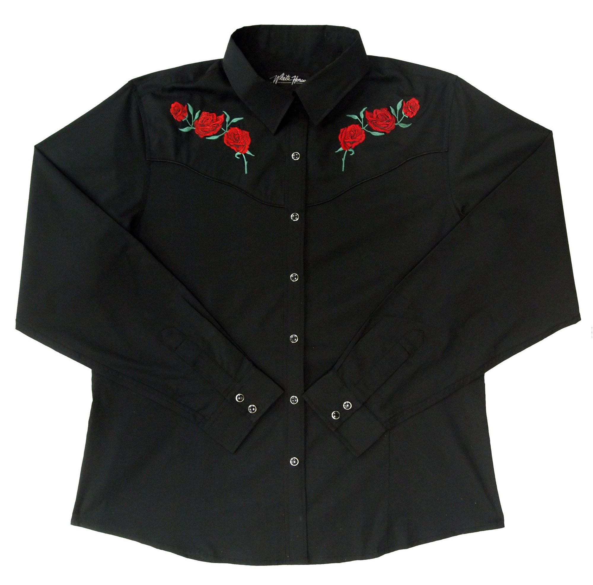 White Horse Apparel Women's Western Shirt Black with Red Roses