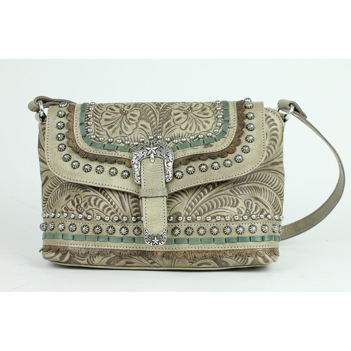 Crossbody Flap Bag with Decorative Buckle and Studs Sand