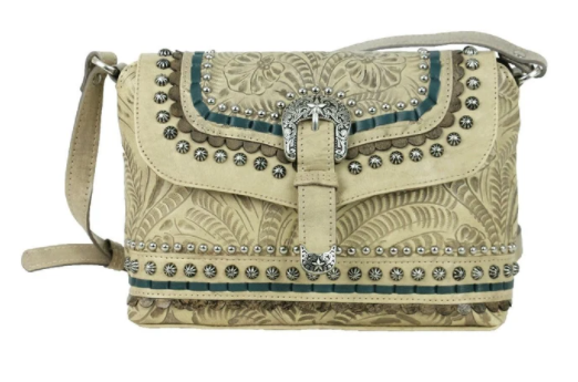 Crossbody Flap Bag with Decorative Buckle and Studs Sand