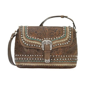 American West Handbag, Blue Ridge Collection, Crossbody Flap Bag with Decorative Buckle and Studs Distressed Charcoal Front View