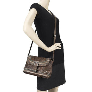 American West Handbag, Blue Ridge Collection, Crossbody Flap Bag with Decorative Buckle and Studs on Mannequin