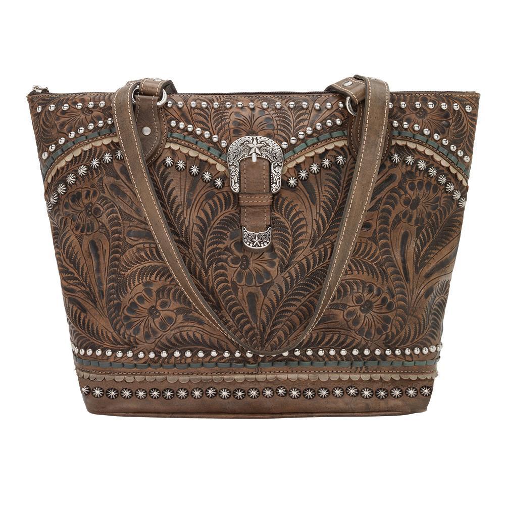 American West Handbag, Blue Ridge Collection, Zip Top Tote Bag Charcoal Brown Front