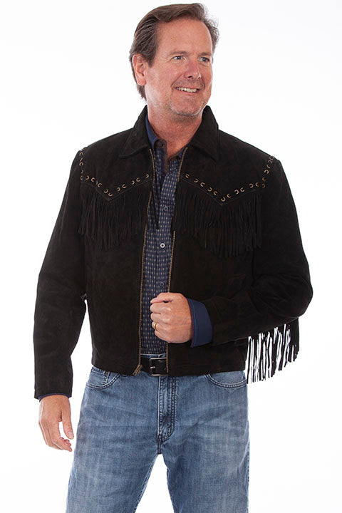 Men's Scully Suede Western Short Jacket with Fringe Front Black
