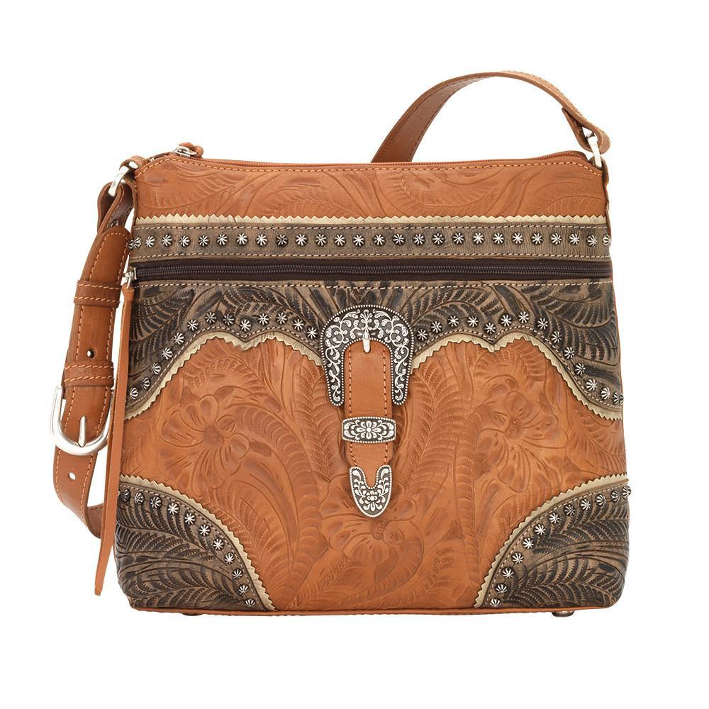 American West Handbag Saddle Ridge Collection: Zip Top Shoulder Golden Tan Front