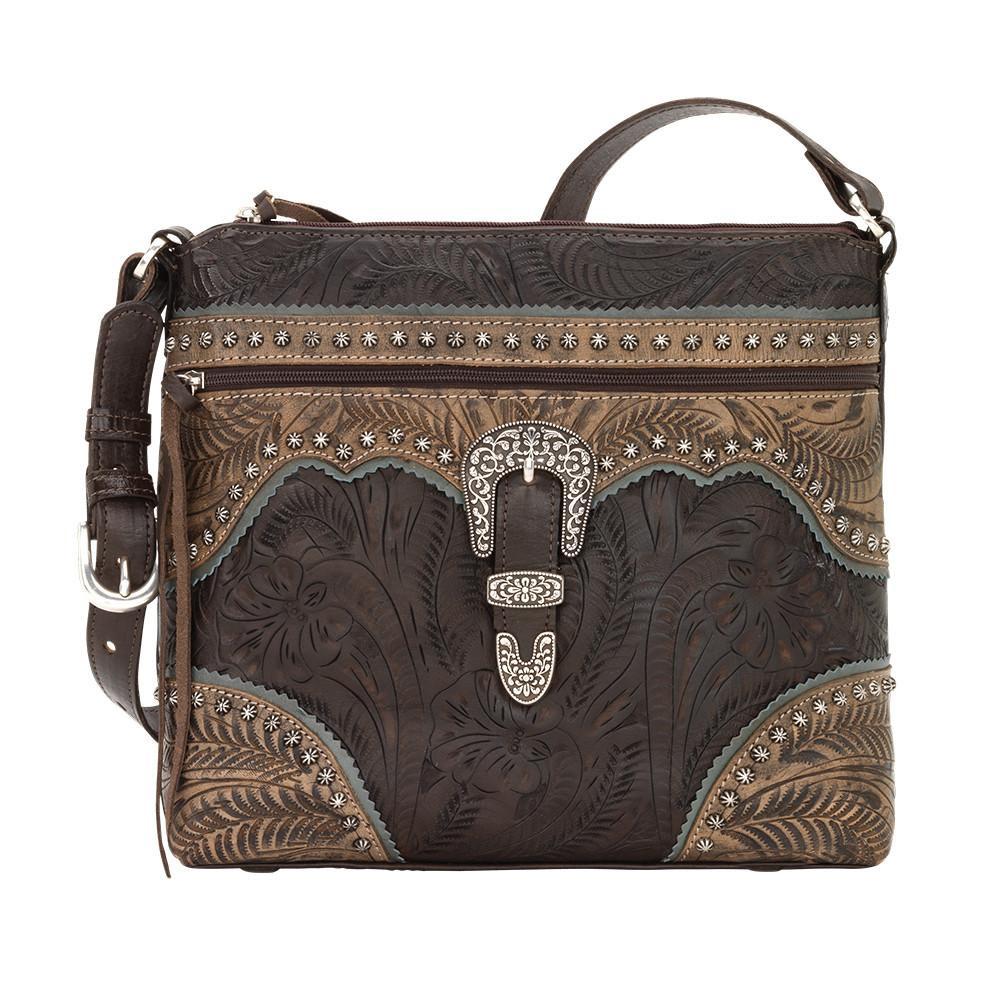 American West Handbag Saddle Ridge Collection: Zip Top Shoulder Chocolate Brown Front