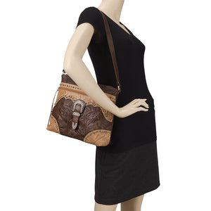 American West Handbag Saddle Ridge Collection: Zip Top Shoulder Chestnut Brown Mannequin