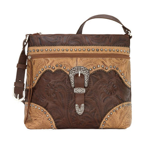 American West Handbag Saddle Ridge Collection: Zip Top Shoulder Chestnut Brown Front