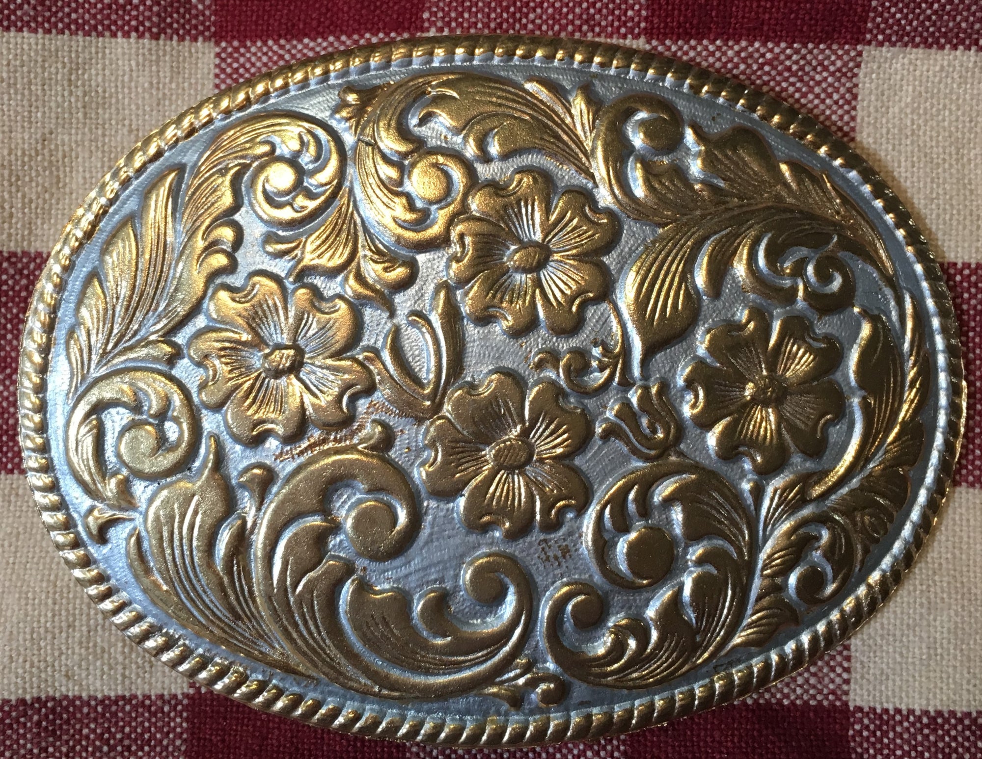 Oval Trophy Buckle Pewter with Gold Tone Flowers
