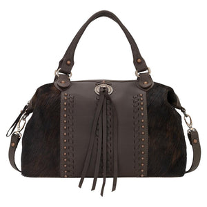 American West Handbag, Cow Town Collection, Zip Top Convertible Satchel, Front Brindle Brown