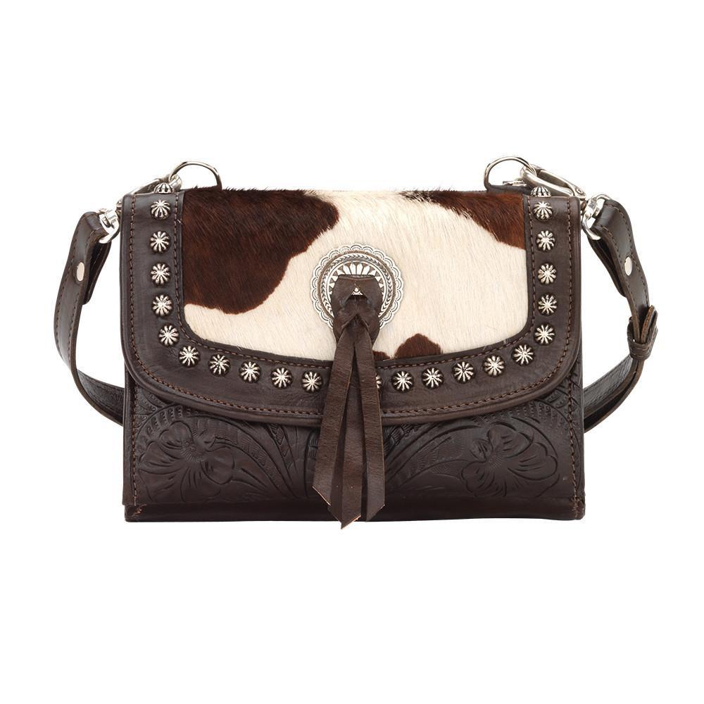 America West Handbag Texas Two Step Collection: Crossbody Walnut Leather with Pony Print Front