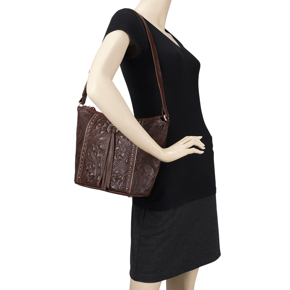 American West Handbag Hill Country Collection Chestnut Brown Tote Mannequin