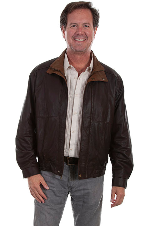 Scully Mens Featherlite Leather Jacket, Chocolate/Cognac Front View