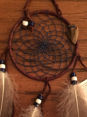 Authentic Navajo Dream Catcher 4" Natural Accent Navy Web Brown Wrap Detail