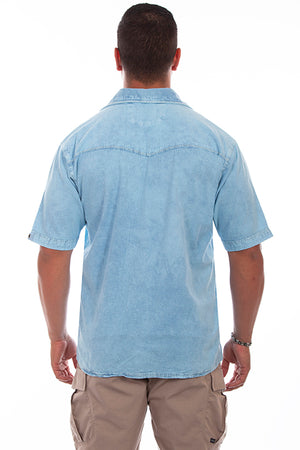 Farthest Point Collection Short Sleeve Palm Tree Distressed Sky Blue Back