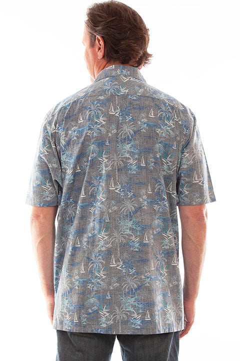 Scully Men's Farthest Point Hawaiian Print Shirt Grey Front