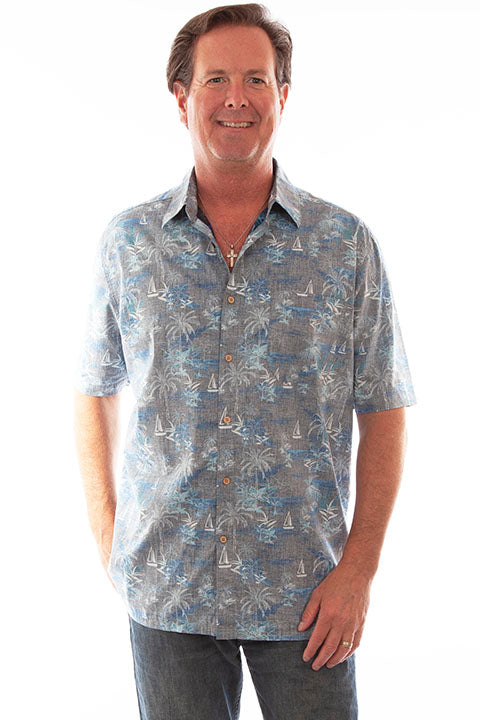 Scully Men's Farthest Point Hawaiian Print Shirt Grey Front