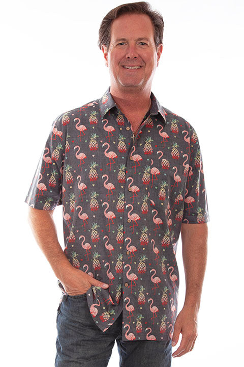Scully Men's Farthest Point Hawaiian Print Shirt Black Front