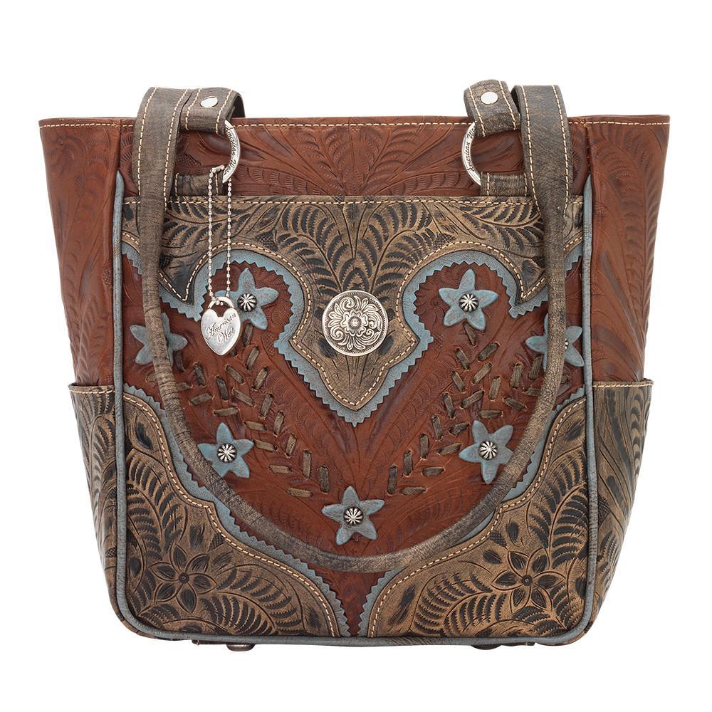 American West Handbag Wildflower Collection: Zip Top Shoulder Blue Flowers Light Brown Front