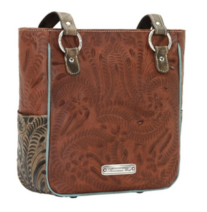 American West Handbag Wildflower Collection: Zip Top Shoulder Blue Flowers Light Brown Back