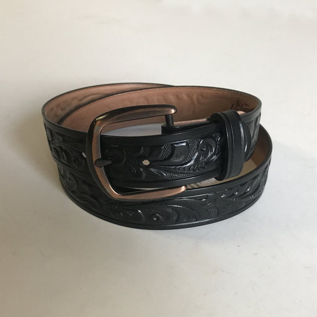 Floral Tooled Leather Belt - TwoTone Brown Leaf Pattern