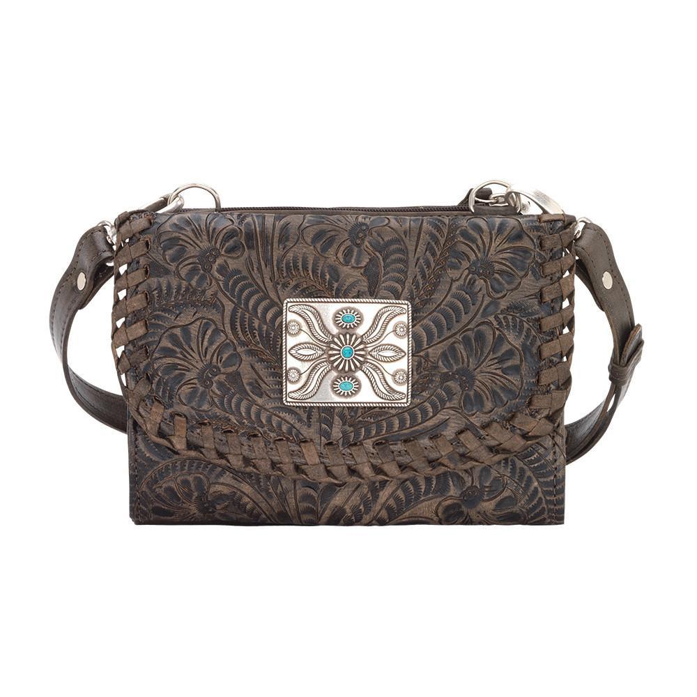 American West Handbag Texas Two Step Collection Crossover Wallet Bag Distressed Charcoal Brown Front