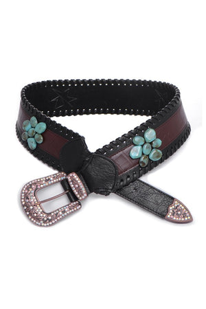 Fashion Leather Black Belt 3" Wide, Stones, Crystals on Buckle, Keeper, Tip