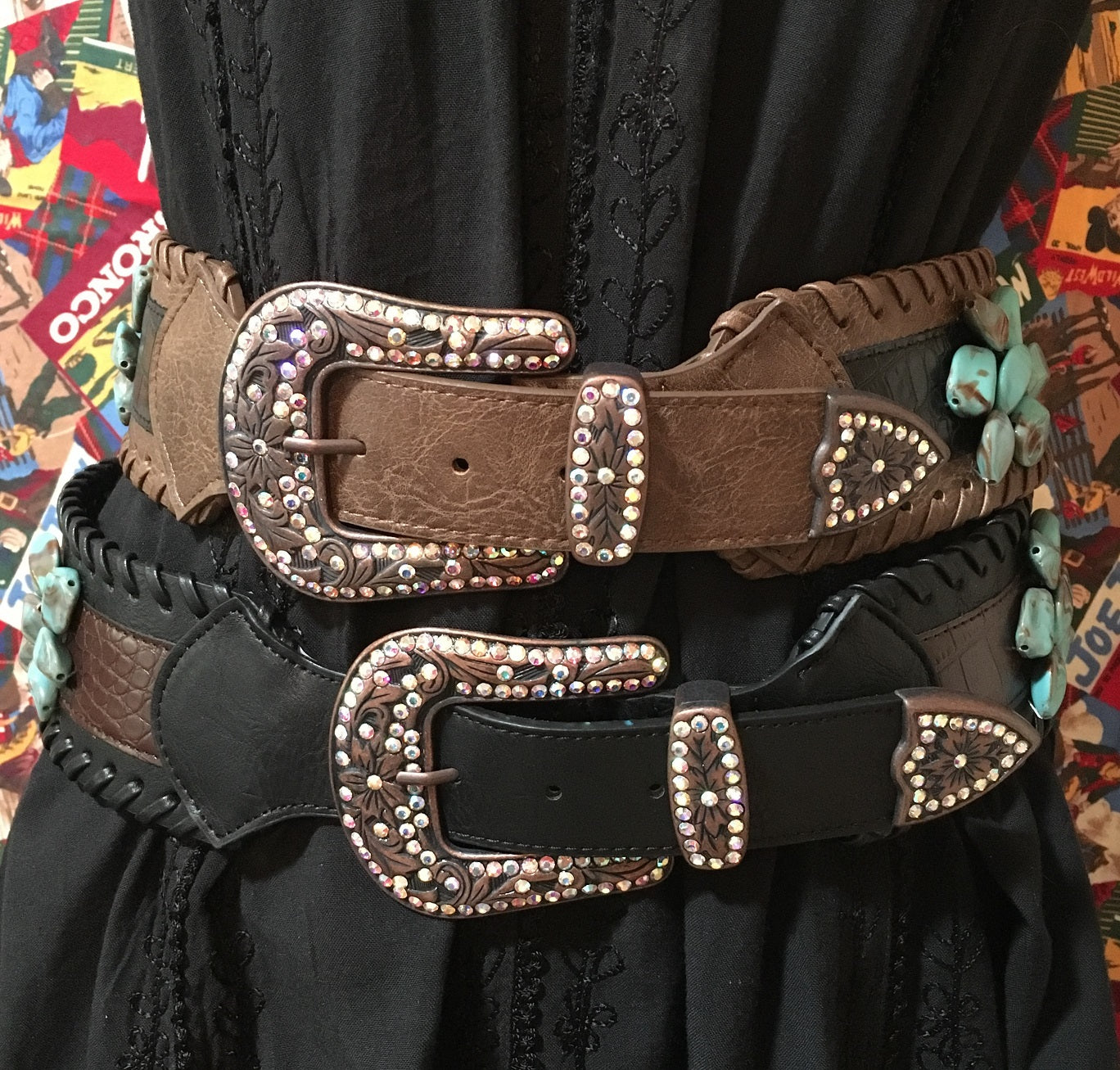 Fashion Leather Belt 3" Wide, Stones, Crystals on Buckle, Keeper, Tip