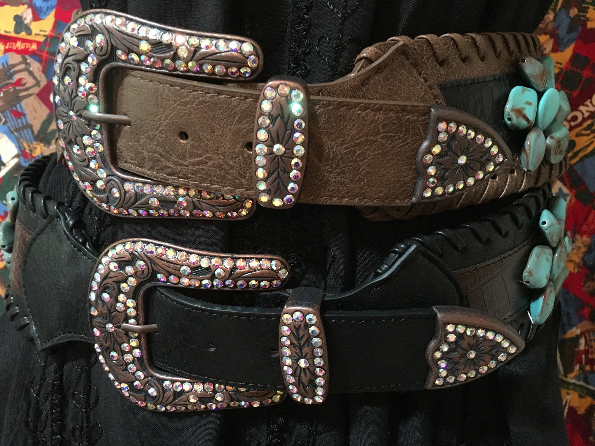 Fashion Leather Belt 3" Wide, Stones, Crystals on Buckle, Keeper, Tip