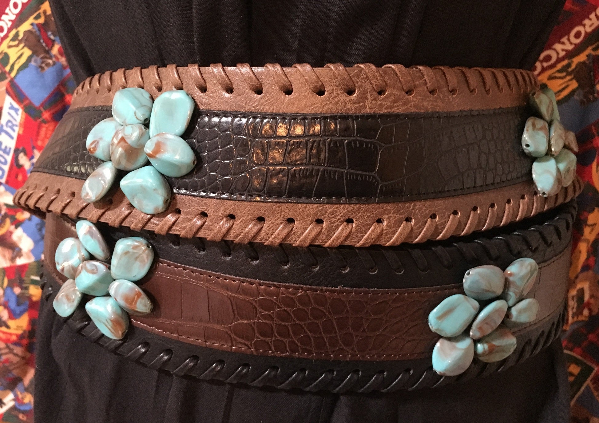 Fashion Leather Belt 3" Wide, Stones, Crystals on Buckle, Keeper, Tip