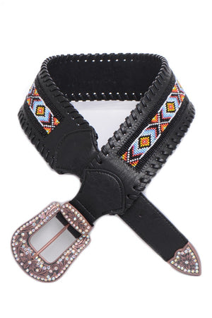 Fashion Black Belt 3" Wide, Beaded, Crystals on Buckle, Keeper, Tip