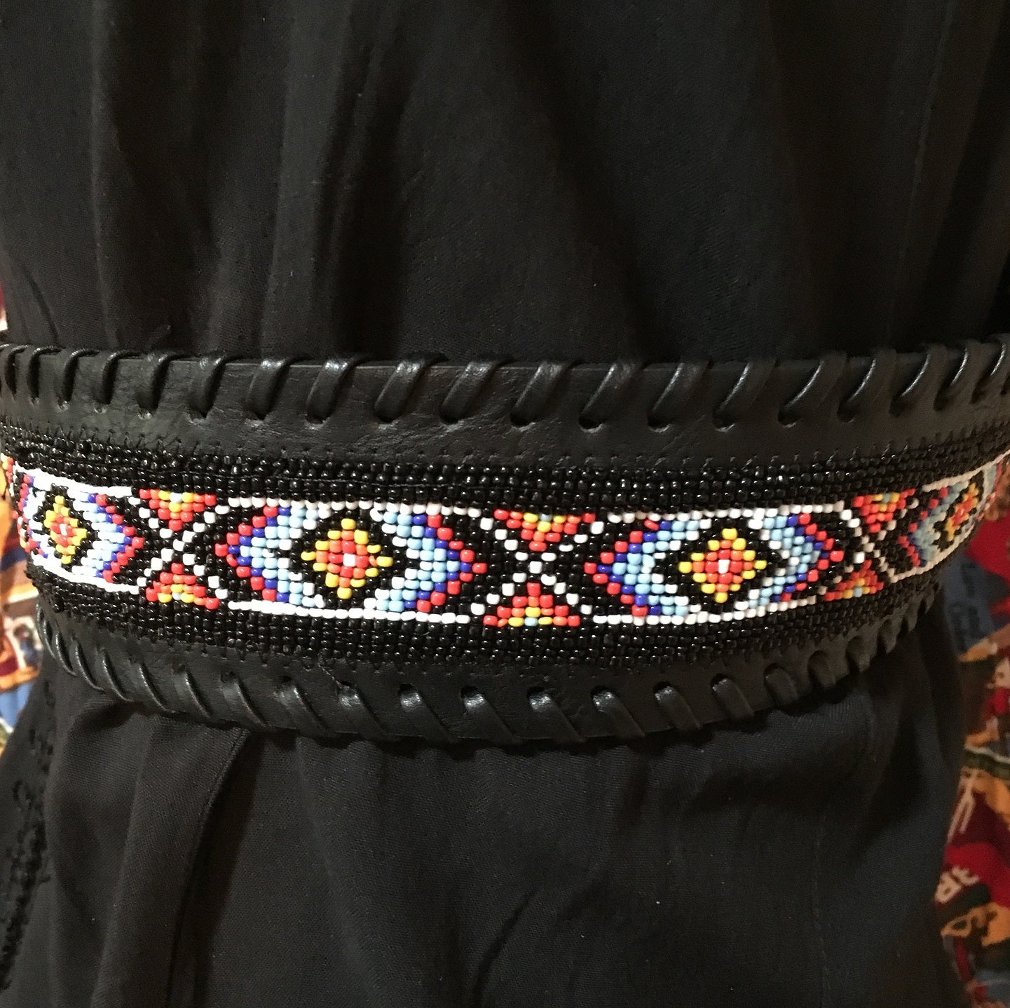 Fashion Black Belt 3" Wide, Beaded, Crystals on Buckle, Keeper, Tip Detail 