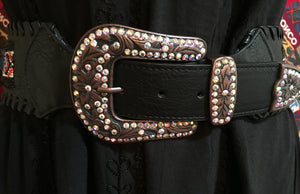 Fashion Black Belt 3" Wide, Beaded, Crystals on Buckle, Keeper, Tip Detail