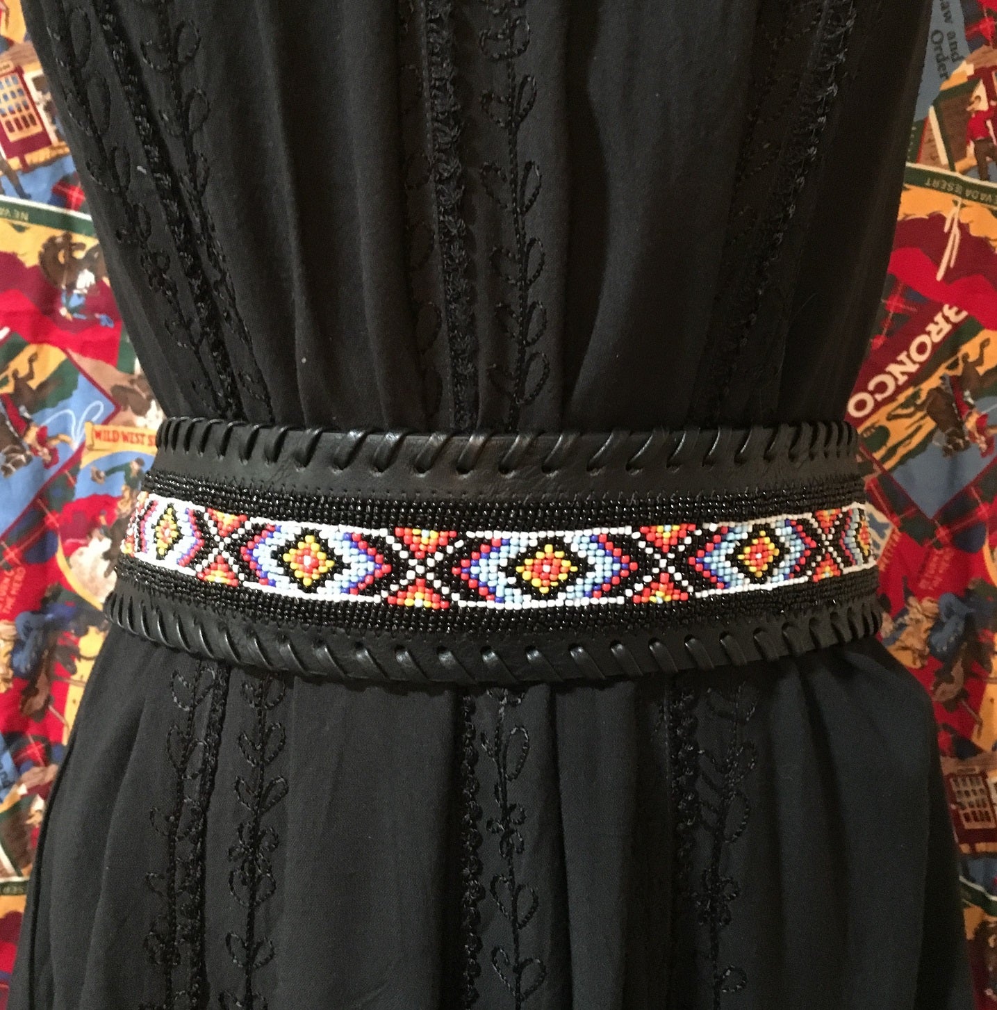 Fashion Black Belt 3" Wide, Beaded, Crystals on Buckle, Keeper, Tip Detail