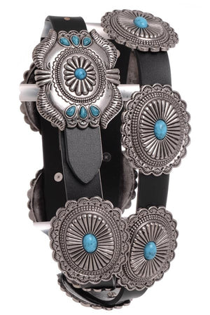 Western Fashion Black Leather Belt with Oval Conchos and Faux Turquoise