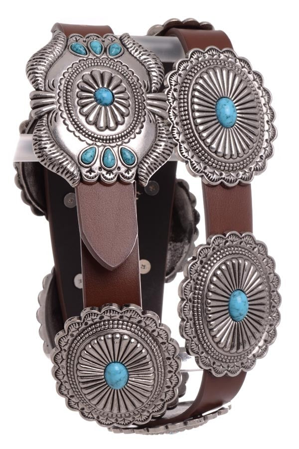 Western Fashion Brown Leather Belt with Oval Conchos and Faux Turquoise