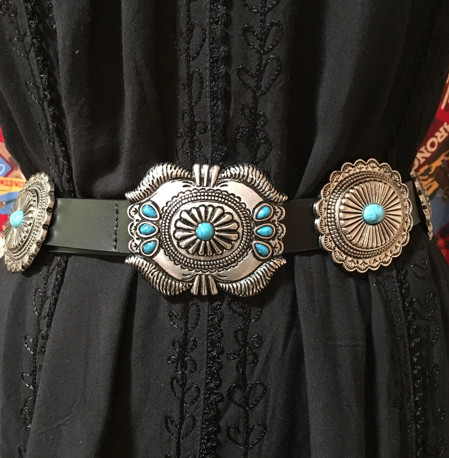 Western Fashion Black Leather Belt with Oval Conchos and Faux Turquoise