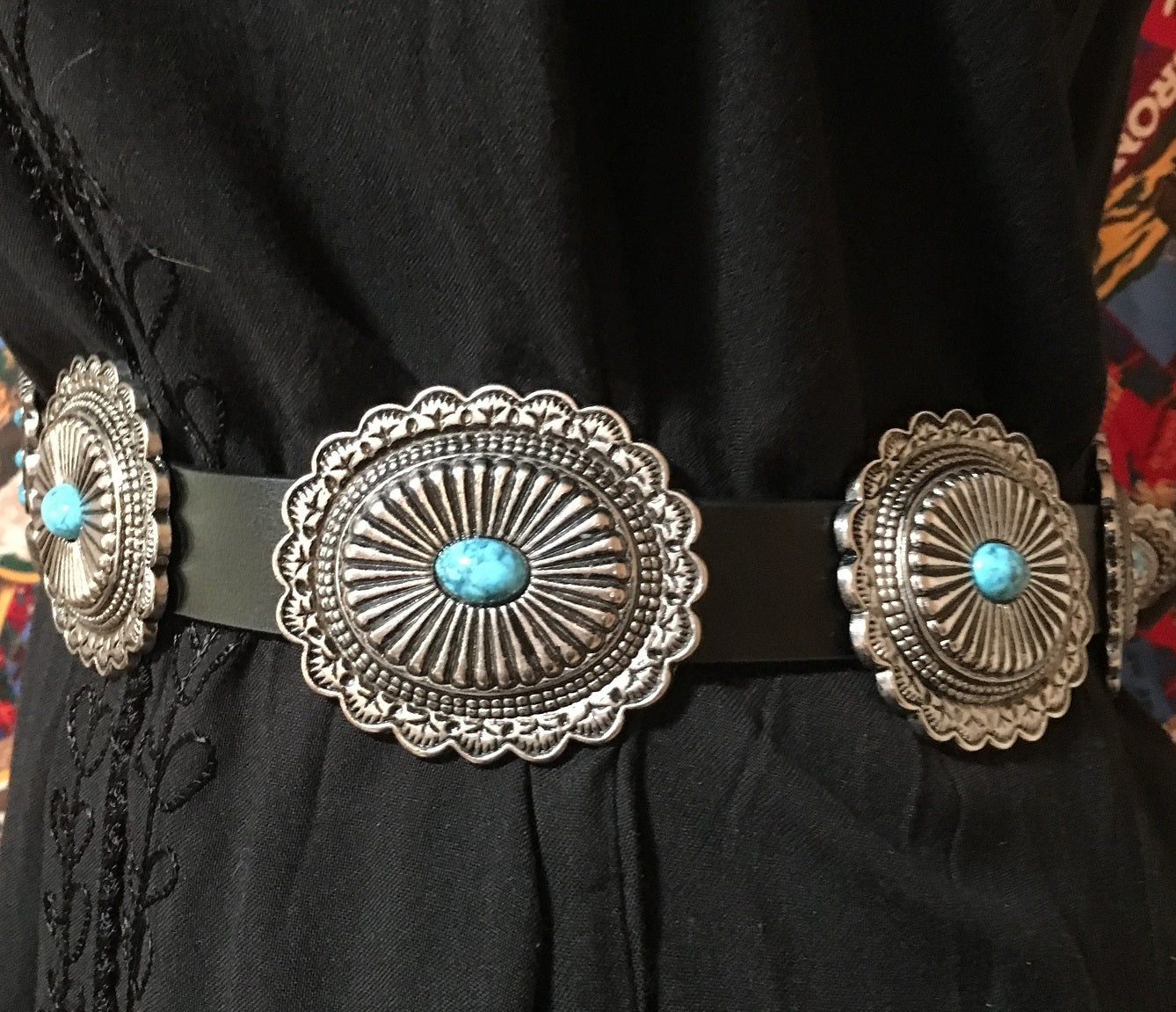 Western Fashion Black Leather Belt with Oval Conchos and Faux Turquoise