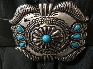 Western Fashion Black Leather Belt Buckle with Oval Conchos and Faux Turquoise