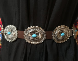 Western Fashion Brown Leather Belt with Oval Conchos and Faux Turquoise