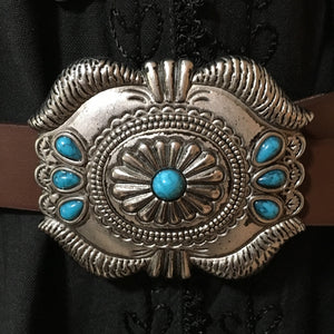Western Fashion Brown Leather Belt Buckle with Oval Conchos and Faux Turquoise