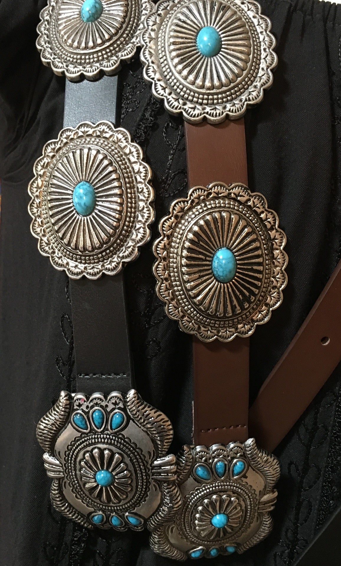Western Fashion Leather Belts with Oval Conchos and Faux Turquoise