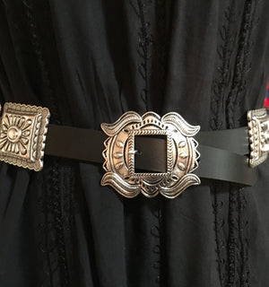 Western Black Leather Belt 1" Wide with Antique Silver Tone Conchos