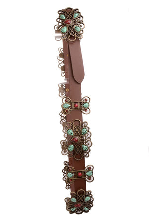 Fashion Brown Leather Belt 1" Wide with Copper Conchos and Stones