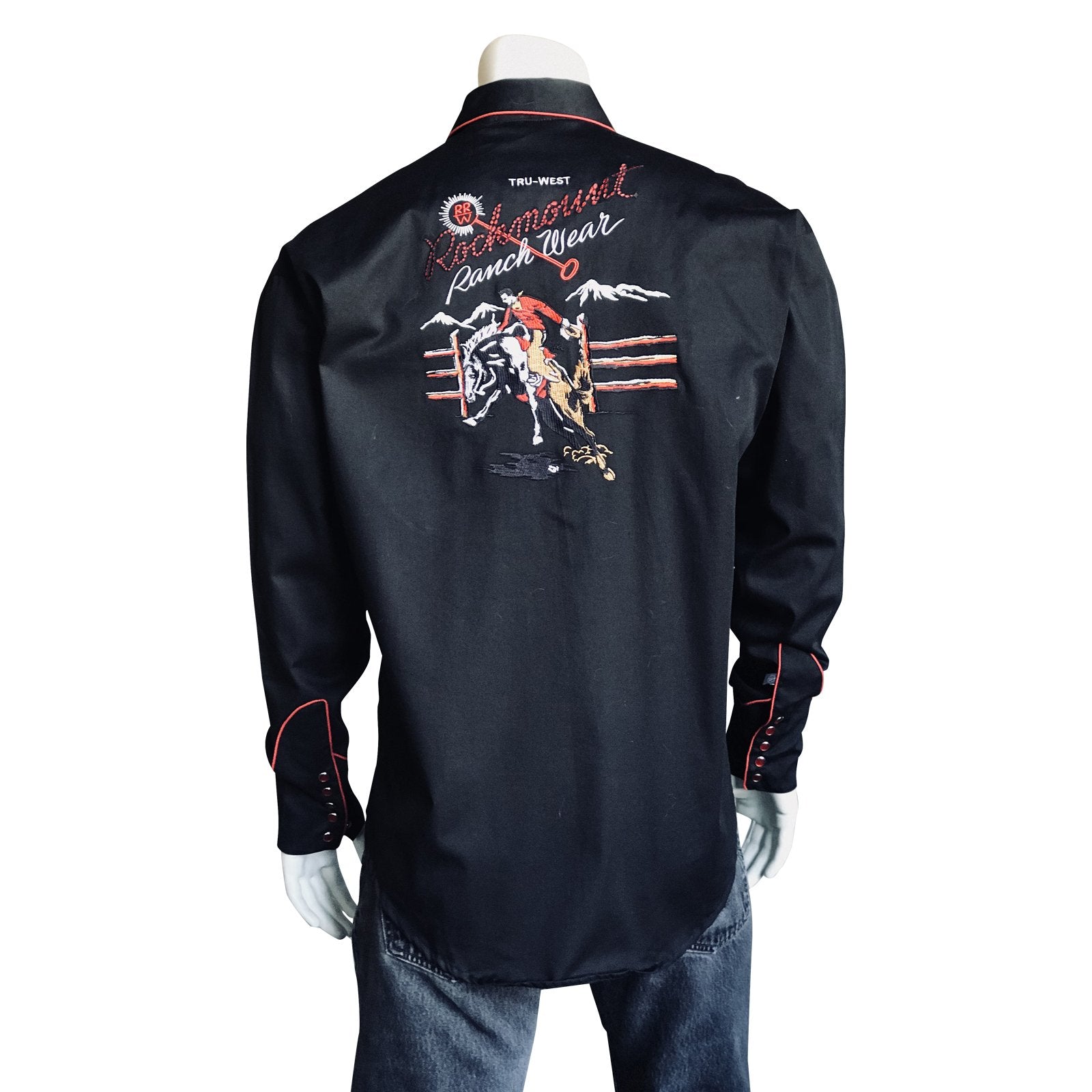 Rockmount Ranch Wear Mens Vintage Western Shirt Rockmount Bronc Logo Black Back