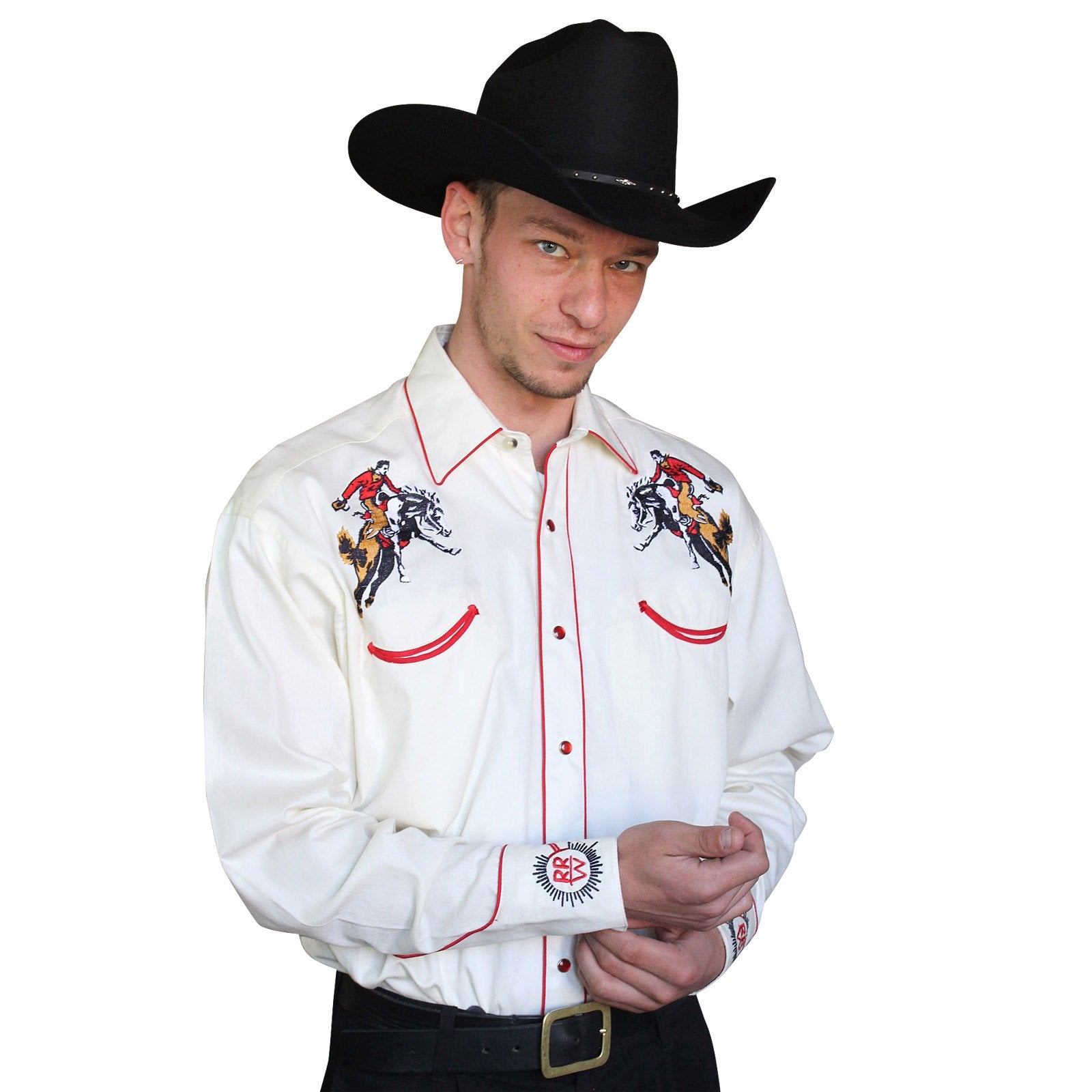 Rockmount Ranch Wear Mens Vintage Western Shirt Rockmount Bronc Logo Ivory Front